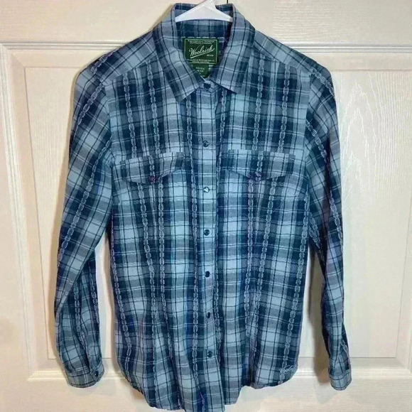 Woolrich Women's Blue Checked Long Sleeve|Blue‎ Pearl Snap Closure|Size SP - Picture 1 of 9